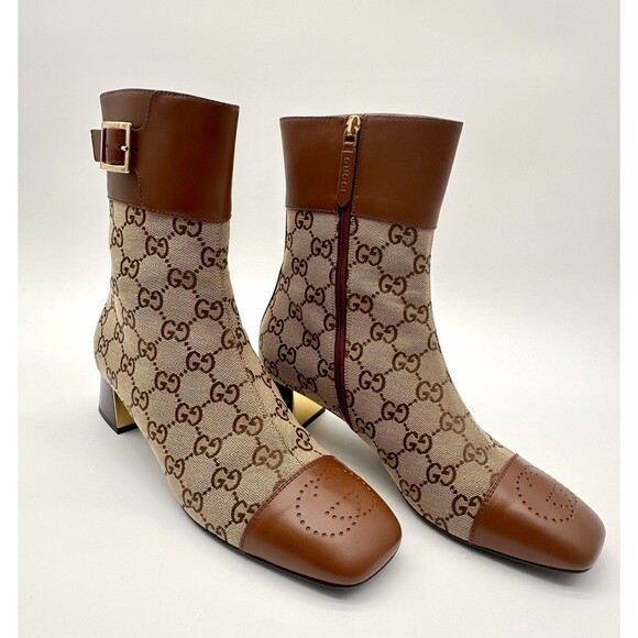 Gucci Ellis GG Logo Leather Trimmed Ankle Boots Camel Ebony Canvas EU 39.5 US9.5 - Picture 13 of 14